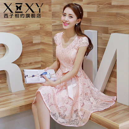 夏装新款韩版修身淑女短袖女装蕾丝雪纺气质连衣裙潮